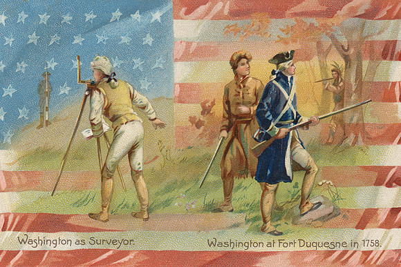 Vintage George Washington Postcard - Dual Portrait as Surveyor and at Fort Dusquesne in 1758