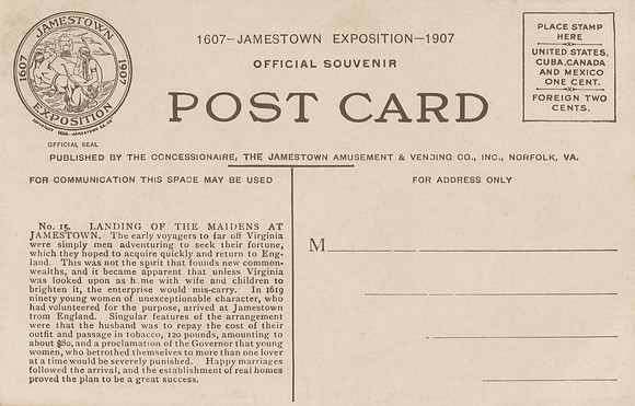 Vintage Postcard Back - Landing of the Maidens at Jamestown.