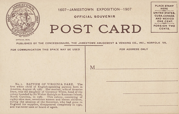 Vintage Postcard Back - Baptism of Virginia Dare (and disappearance of Roanoke Island colony).