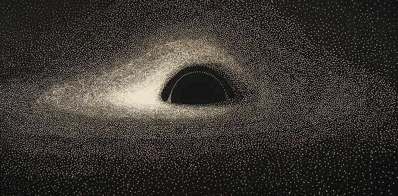 First simulated image of a black hole, published by Jean-Pierre Luminet in 1979, and featuring the characteristic shadow, photon sphere, and lensed accretion disk (AI enhanced)