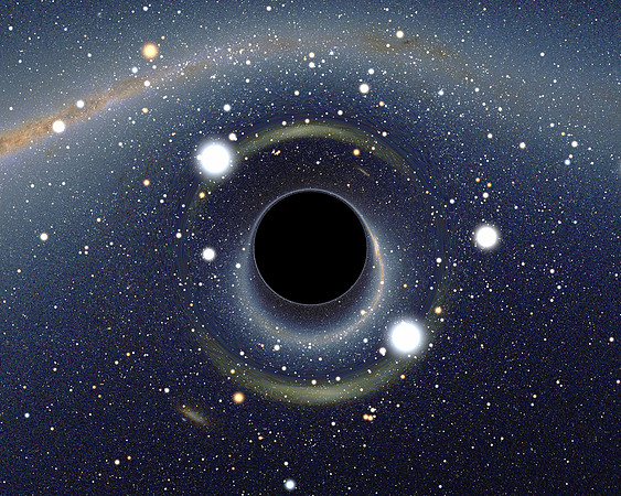 Simulated view of a nonspinning, uncharged black hole in front of the Large Magellanic Cloud