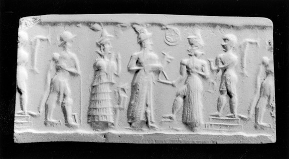 Babylonian cylinder seal depicting Shamash surrounded by worshippers (circa 20th-17th century BCE)