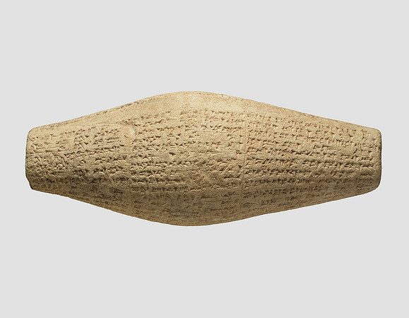 Cuneiform cylinder with inscription of Nebuchadnezzar II, describing the rebuilding of Ebabbar, the temple of the sun-god Shamash at Sippar (Babylonian ca 604–562 BCE)