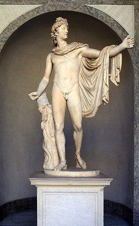 Apollo Belvedere Statue (Roman circa mid-2nd century AD, modeled after an original bronze statue created by Greek sculptor Leochares circa 330-320 BC)