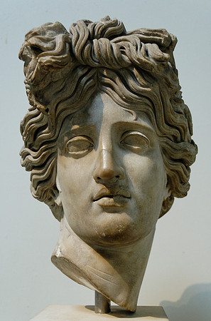 Marble head sculpture of Apollo Belvedere (Roman circa 120-140 AD, modeled after Greek)