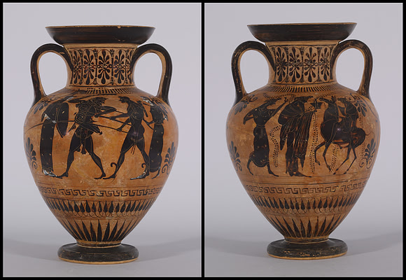 Neck Amphora with Herakles and Apollo Fighting Over the Delphic Tripod (attributed to the Greek Circle of Antimenes Painter circa 520 BCE)
