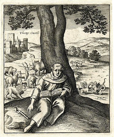 Merlin, as a monk sitting under a tree with a book of prophecies, surrounded by symbolic beasts, with Thong Castle visible in the distant background (etching created by Wenceslas Hollar circa 1641)
