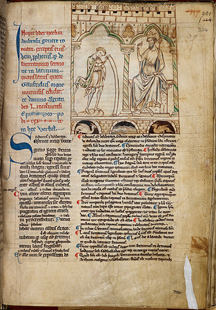 Merlin reads his prophecies to King Vortigern. British Library MS Cotton Claudius B VII f.224, Geoffrey of Monmouth's Prophetiae Merlini circa 1250