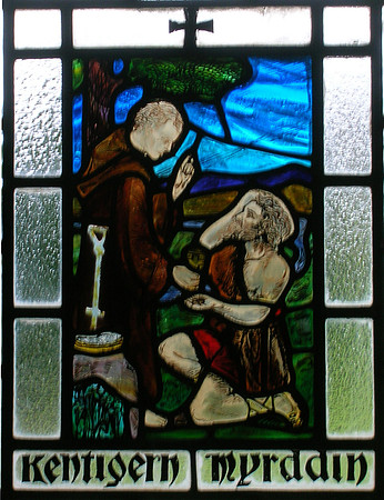 Stained glass art depicting Myrddin being converted to Christianity by Saint Kentigern (Mungo) at Stobo Kirk, Borders, Scotland