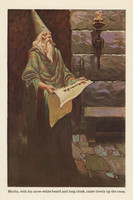 Vintage Color Image Plate - Merlin, with his snow-white beard and long cloak, came slowly up the room