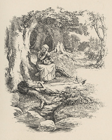 Vintage Illustration - Queen Elizabeth gives birth to Tristram in a forest, then dies