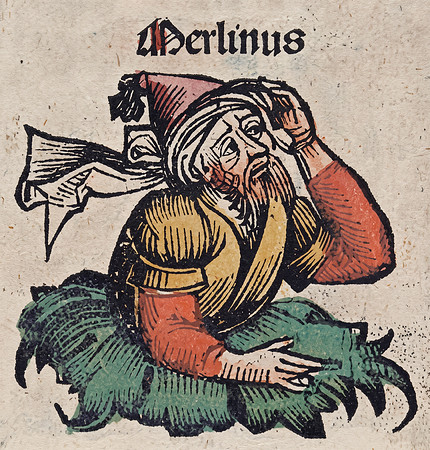 Merlinus (Merlin) in the Nuremberg Chronicle (circa 1493) (AI enhanced)