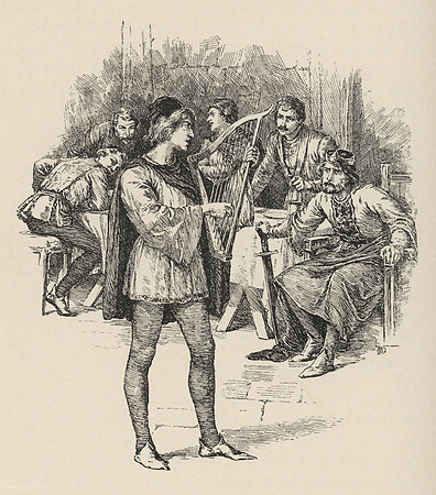 Vintage Illustration - Eliot the minstrel satirizes King Mark in song