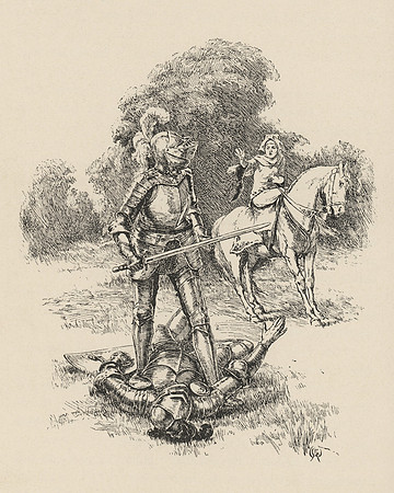 Vintage Illustration - Sir Beaumains spares the life of the Green Knight