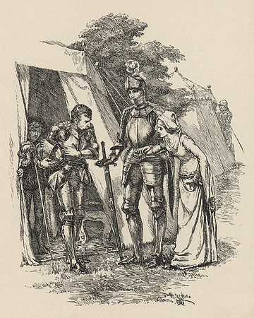 Vintage Illustration - Sir Beaumains and damsel Linet visit Sir Persant's pavilion