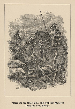 Vintage Illustration - "Here we are three alive [Sir Lucan, Sir Bedivere and King Arthur], and with Sir Mordred there are none living."