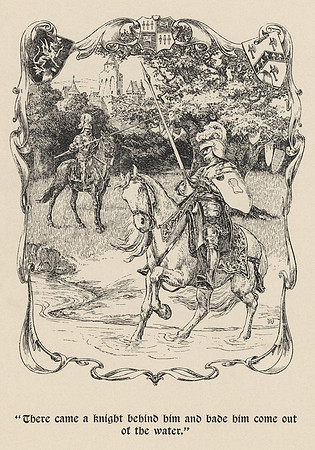 Vintage Illustration - "There came a knight [Sir Turquine] behind him and bade him [Sir Ector] come out of the water."