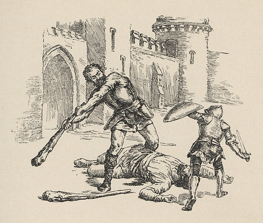 Vintage Illustration - Sir Lancelot battles and slays the two giants