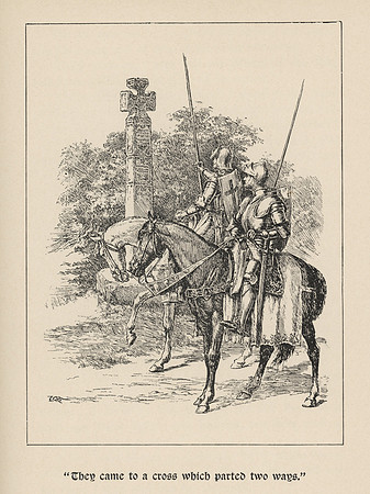 Vintage Illustration - "They [Galahad and Melias] came to a cross which parted two ways."
