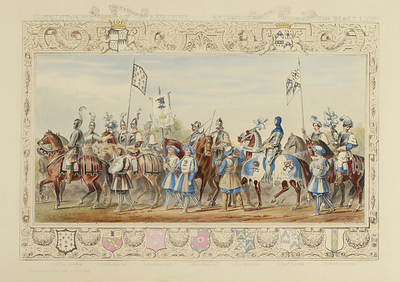 Eglinton Tournament Plate VIII - Marquess of Waterford & Continuation of Retinue + John Hume Cust, Viscount Alford - Knight of the Black Lion (published circa 1843)