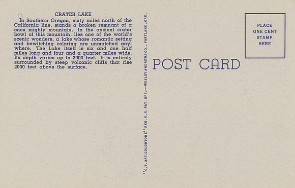 Vintage Postcard Back - Crater Lake (Oregon)