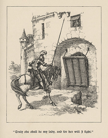Vintage Illustration - [Sir Beaumains says:] "Truly she shall be my lady [Dame Liones], and for her I will fight."