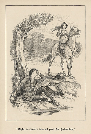 Vintage Illustration - "Right so came a damsel past Sir Palamides."