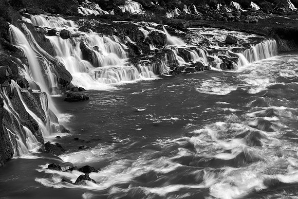 Hraunfossar River Cascades - Black & White