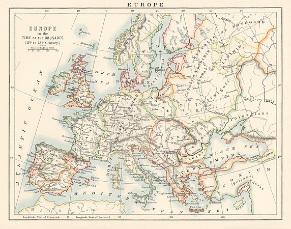 Vintage Map - Europe in the Time of the Crusades