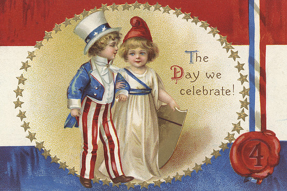 Vintage July 4 Postcard - Young Uncle Sam & Lady Liberty
