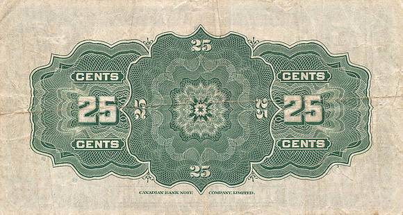 Vintage Dominion of Canada Currency 1 - 25 Cents (reverse)