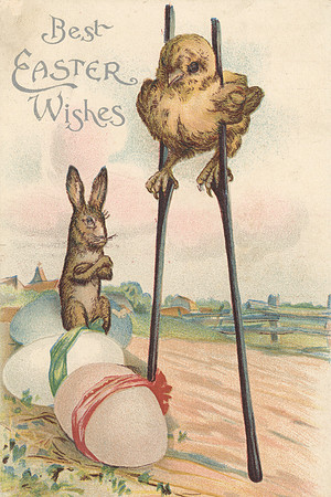 Vintage Easter Postcard - Stilt Chick & Bunny Rabbit