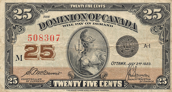 Vintage Dominion of Canada Currency 1 - 25 Cents (obverse)