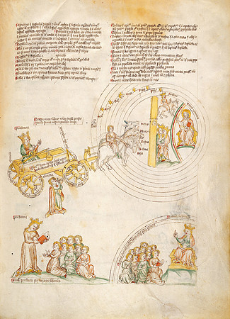 The crowned Prudencia, riding a wagon and speaking to women