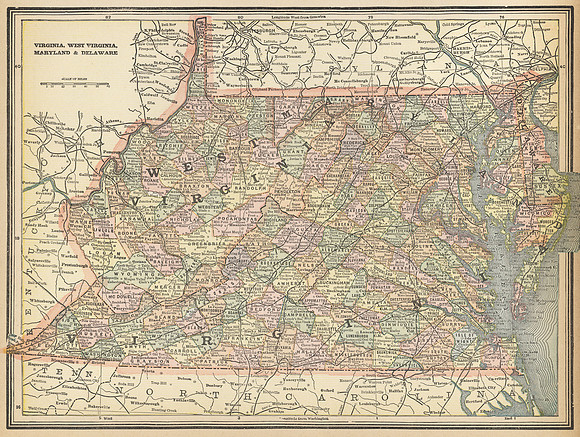 Vintage Map of Virginia, West Virginia, Maryland & Delaware